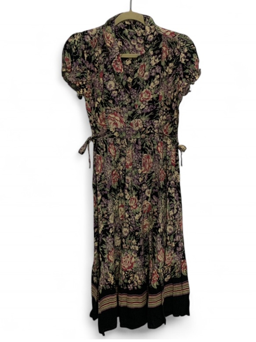 Vintage Black Floral Side Ties Cap Sleeve Midi Dress